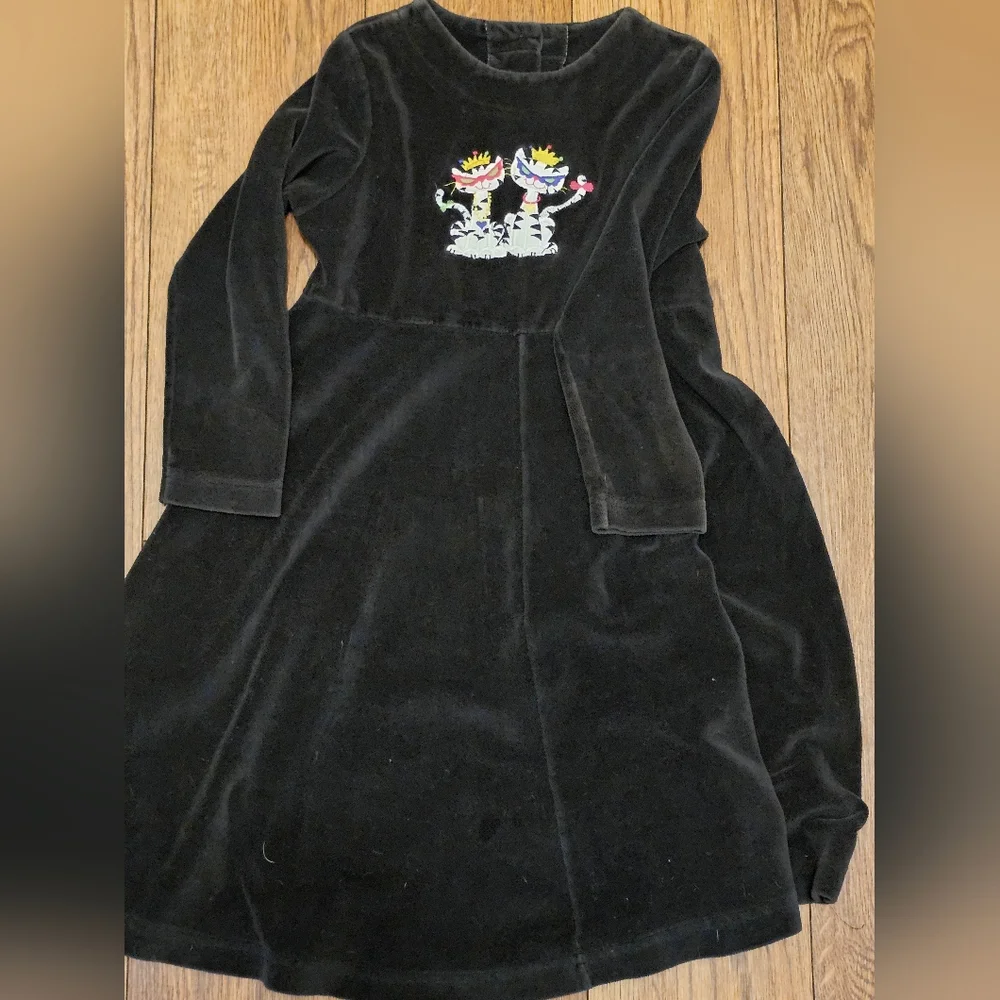 90s Fancy Embroidered‎ Kitties Girls A-Line Dress Velour Black Sz S USA Made Vtg